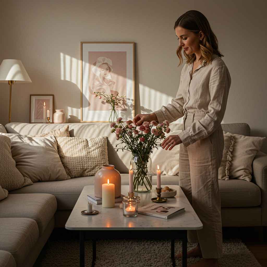 Mujer arreglando flores en un salón cálido y acogedor con velas y luz suave