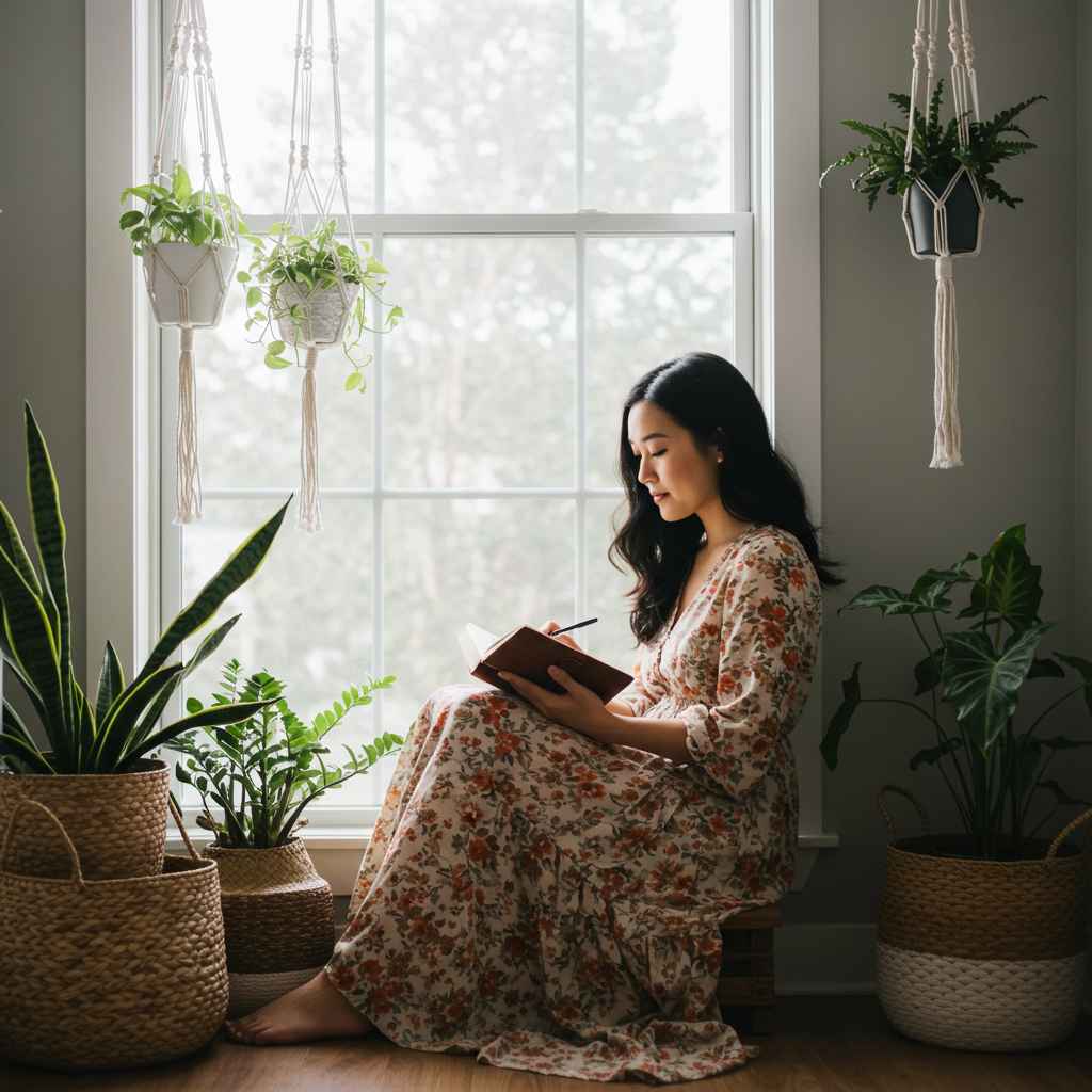 Mujer asiática escribiendo en un cuaderno junto a una ventana luminosa rodeada de plantas de interior, ambiente de crecimiento personal.