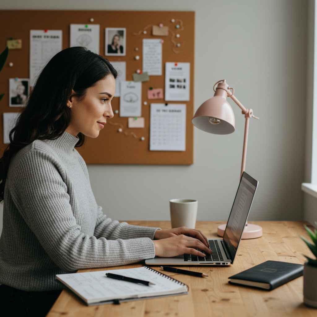Mujer enfocada trabajando en laptop en escritorio creativo con vision board, simbolizando emprender con propósito.