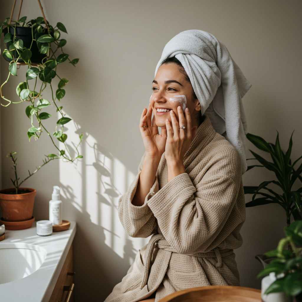Mujer sonriente aplicando crema facial en un baño elegante con plantas, disfrutando de su rutina de bienestar