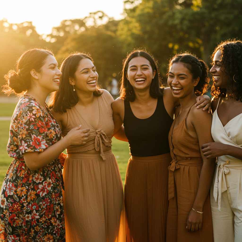 Grupo diverso de mujeres riendo y abrazándose al aire libre bajo luz dorada, representando la Tribu Ibis Chic