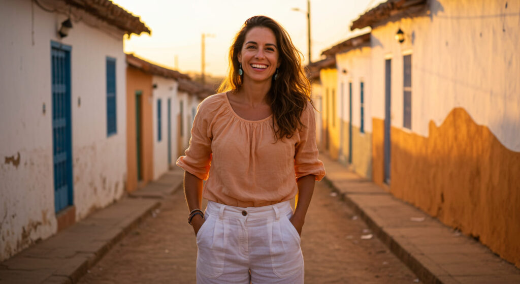 Mujer sonriendo mientras viste una blusa color durazno combinada con un pantalón blanco, mostrando cómo combinar el color durazno con estilo y autenticidad.