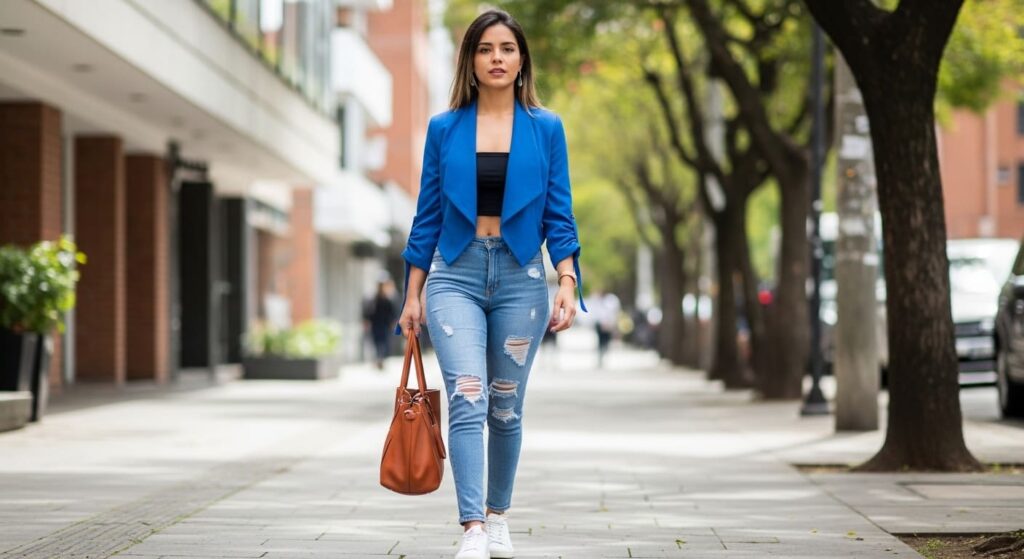 Mujer con look de oficina casual y moderno, combinando un blazer azul marino, jeans oscuros y zapatillas blancas mientras camina por una calle de la ciudad.