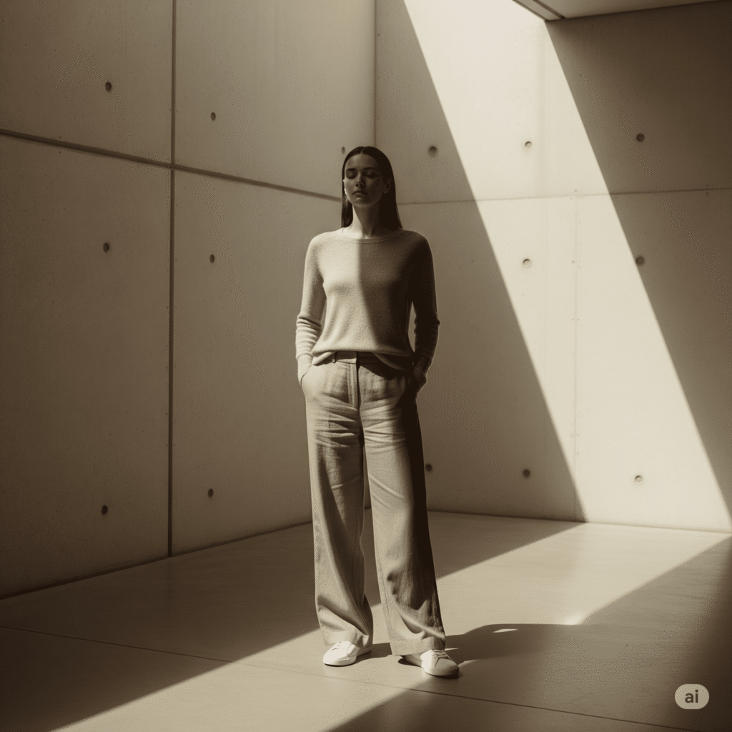 Mujer con un look monocromático en tonos neutros, combinando pantalón color avena, suéter a juego y zapatillas blancas, en un espacio minimalista y sereno.