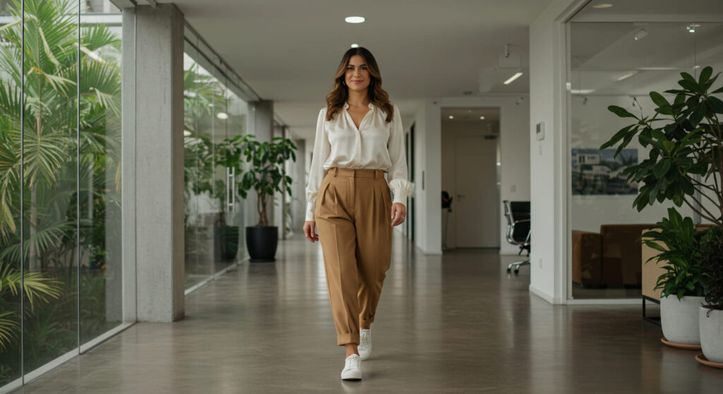 Mujer vistiendo un look de poder ejecutivo para la oficina con pantalones de pinzas color camel, blusa de seda marfil y zapatillas blancas, caminando con confianza