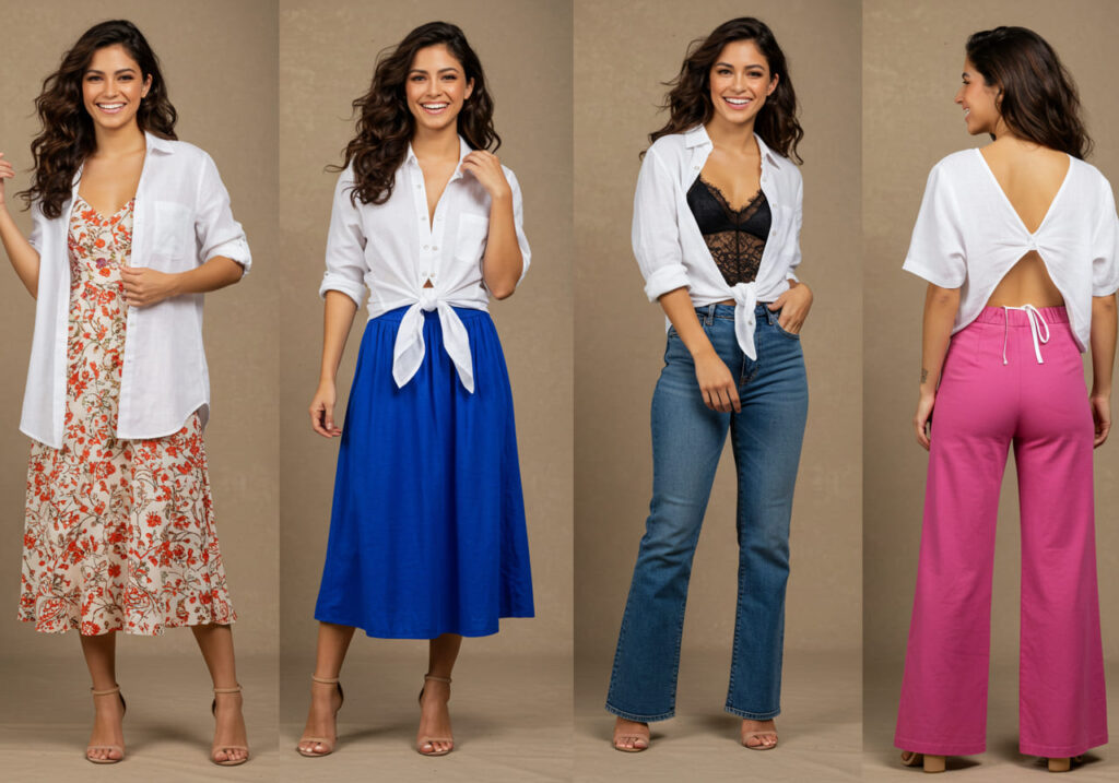 Collage de cinco looks con camisa blanca para mujer real: sobre un vestido, anudada con falda, con top lencero, pantalones de color y usada al revés, demostrando un estilo auténtico y con propósito.