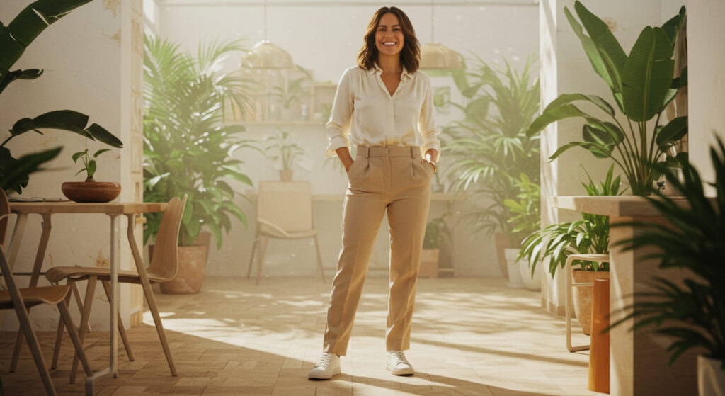 Mujer con un look de oficina compuesto por pantalón de tela color arena, blusa de seda y zapatillas blancas, mostrando un estilo profesional y cómodo de IbisChic.
