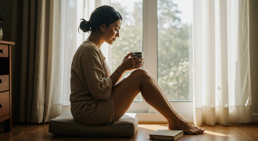 Mujer en ropa cómoda creando su ritual de autocuidado personal, sentada tranquilamente junto a una ventana con una taza de té y un diario.
